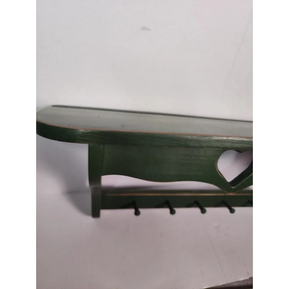 Vintage Green Wood Heart Shelf Five Hooks Cottage Country Distressed 23